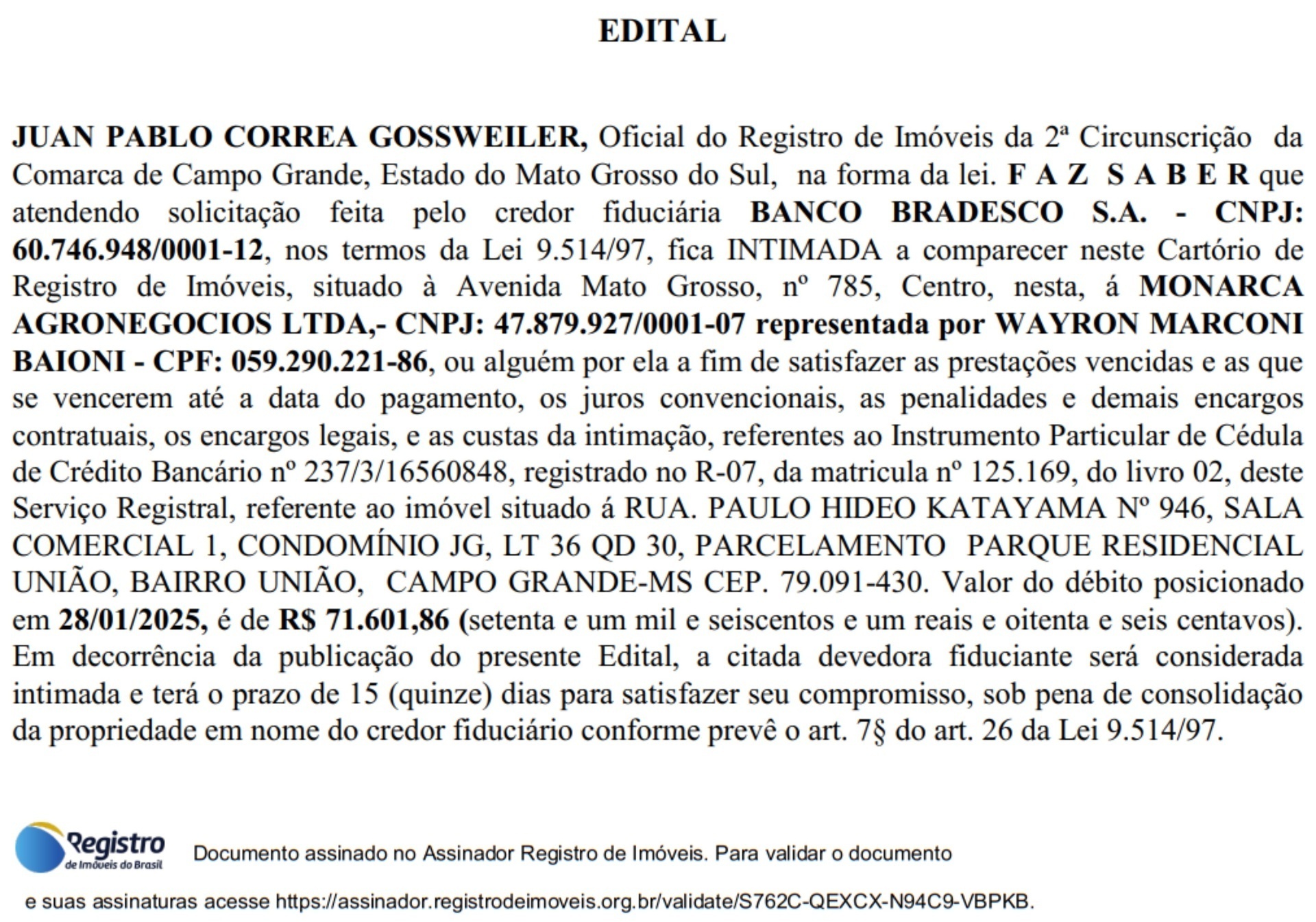 Solicitação de comparecimento de Wayron Marconi Baioni