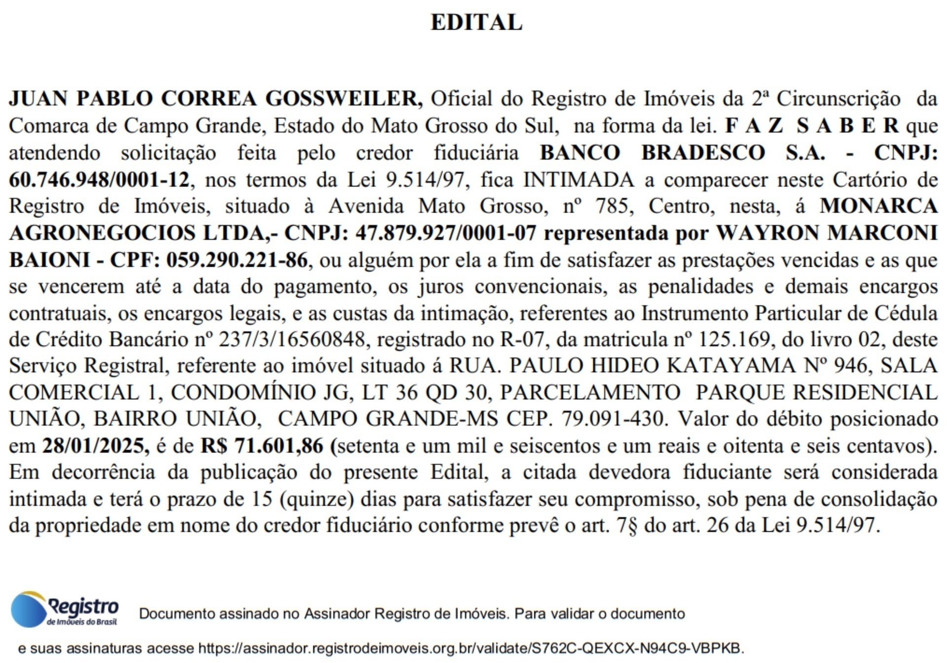 Solicitação de comparecimento de Wayron Marconi Baioni