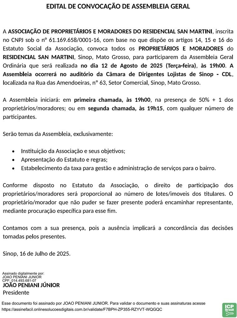 Edital de convocação de assembleia geral Residencial San Martini