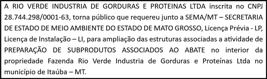 Pedido de LP e LI da Rio Verde Indústria de Gorduras e Proteínas Ltda