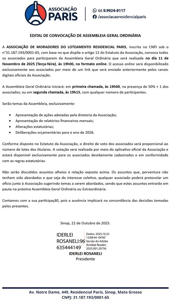 Edital de convocação de assembleia geral Residencial Paris 2025