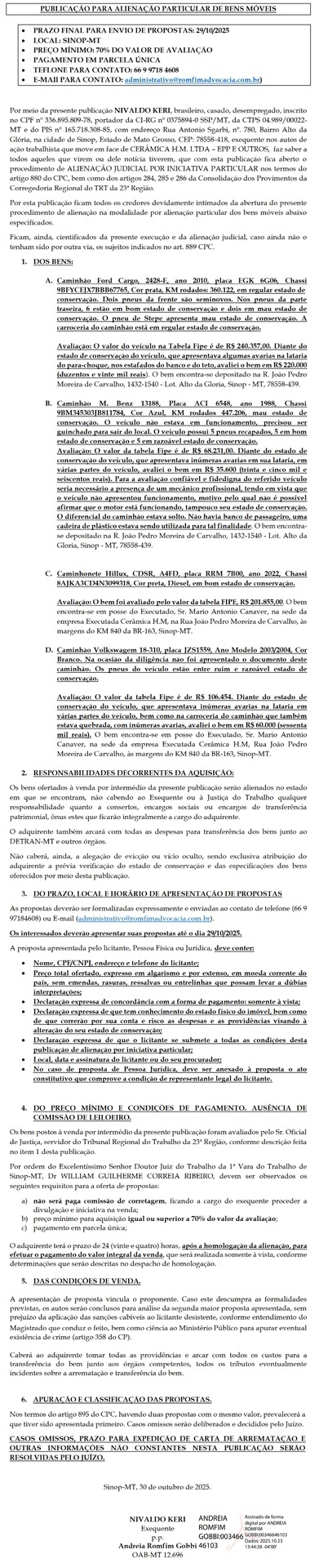 Publicação para alienação particular de bens móveis de Nivaldo Keri