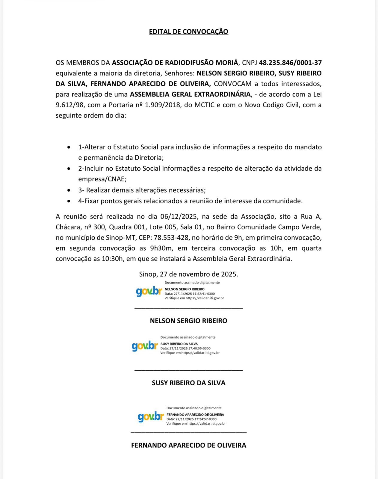 Edital de convocação para assembleia geral extraordinária da Associação de Radiofusão Moriá