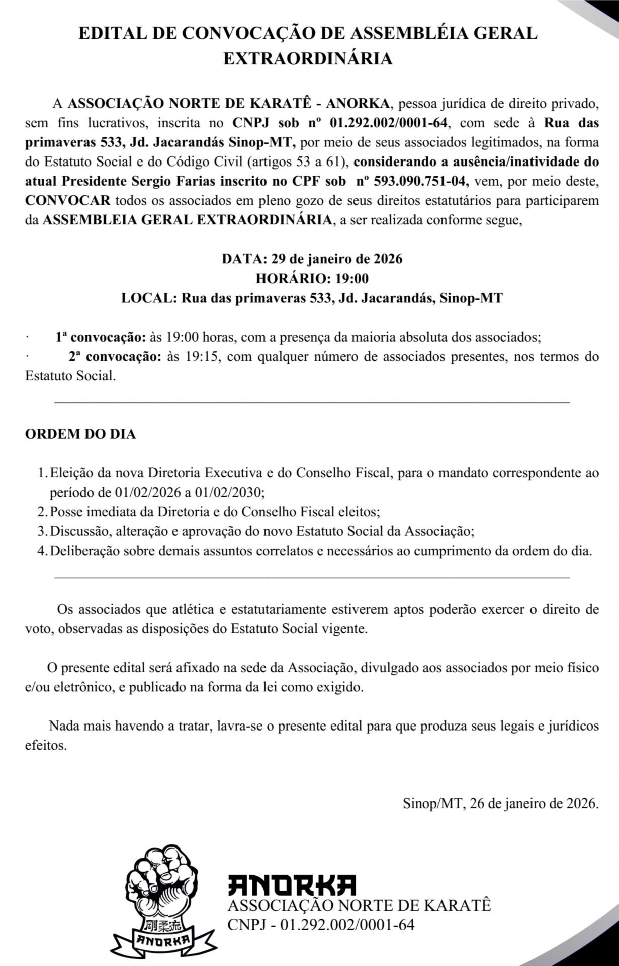 Edital de convocação de assembleia geral - Associação Norte de Karatê – ANORKA
