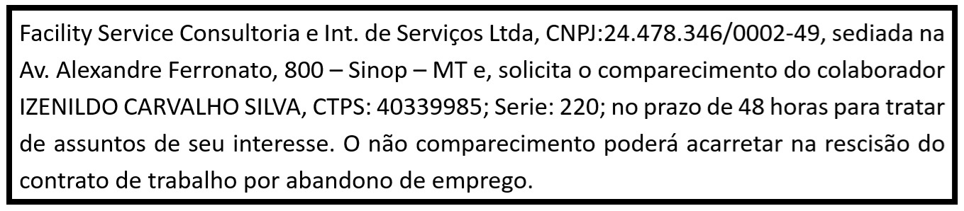 Solicitação de comparecimento de Izenildo Carvalho Silva