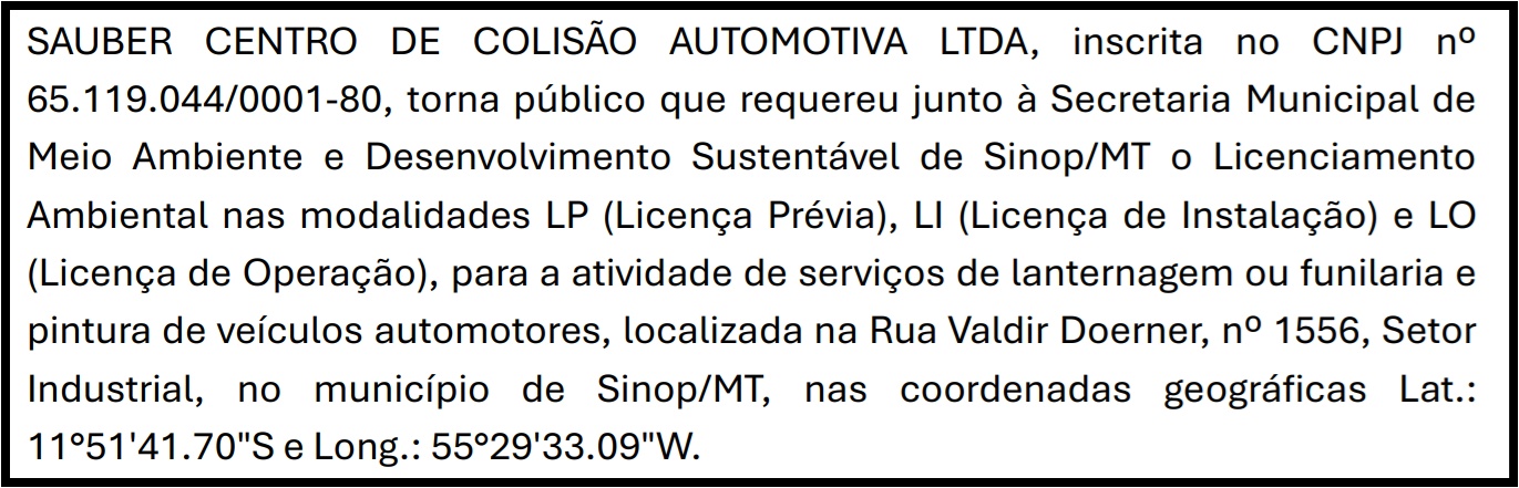 Pedido de LP, LI e LO da Sauber Centro de Colisão Automotiva LTDA