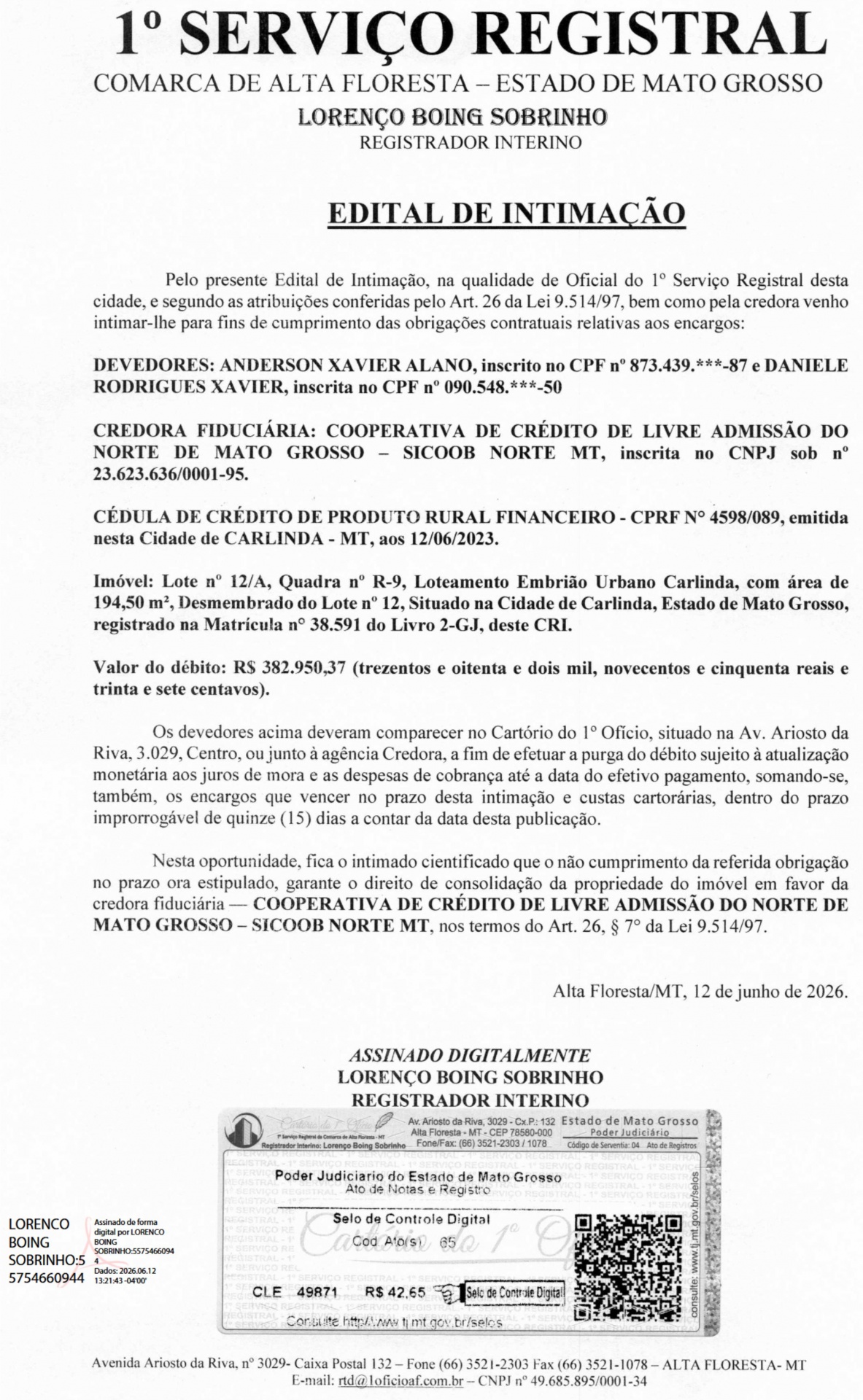 Edital de intimação para Anderson Xavier Alano