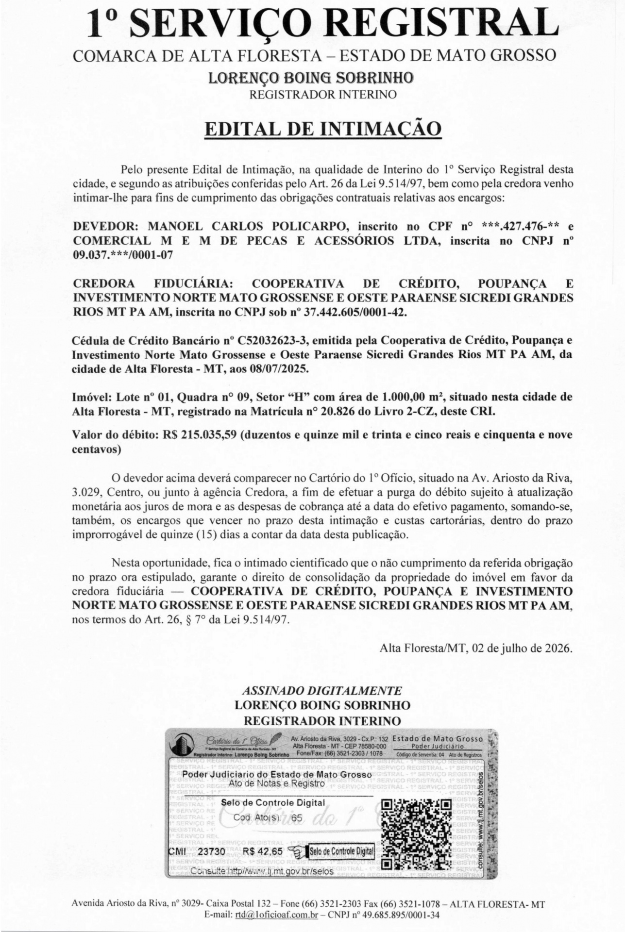 Edital de intimação para Manoel Carlos Policarpo