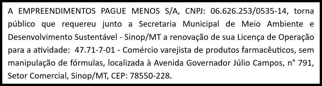 Pedido de renovação de LO da Empreendimentos Pague Menos SA