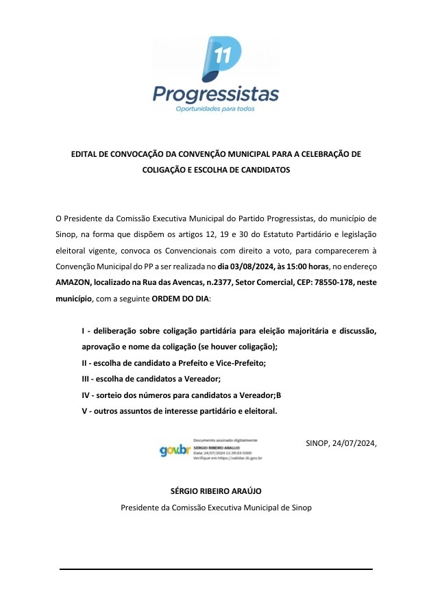 Edital de convocação da convenção Municipal para a celebração de coligação e escolha de cand