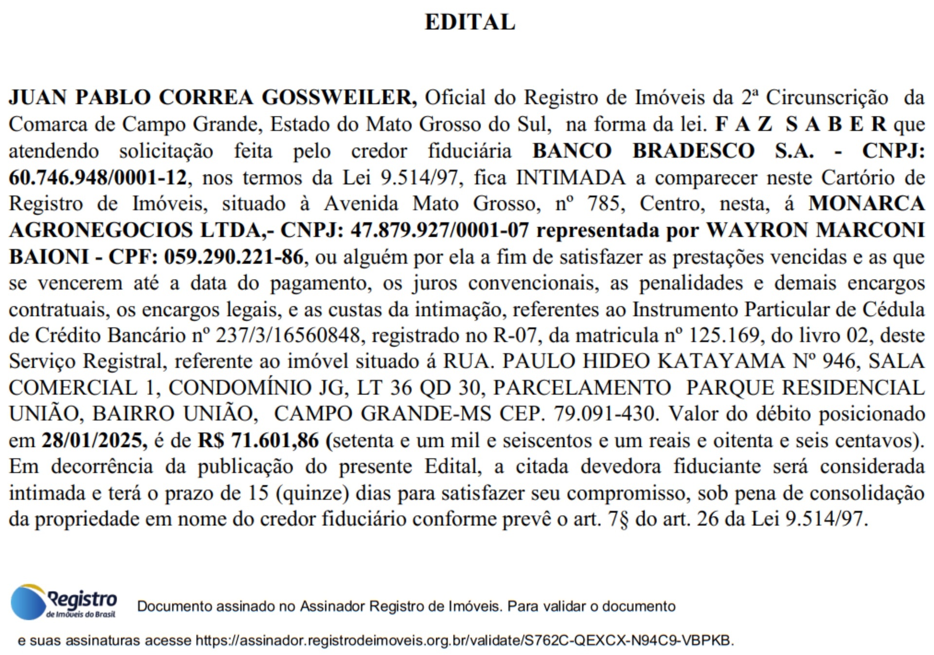 Solicitação de comparecimento de Wayron Marconi Baioni