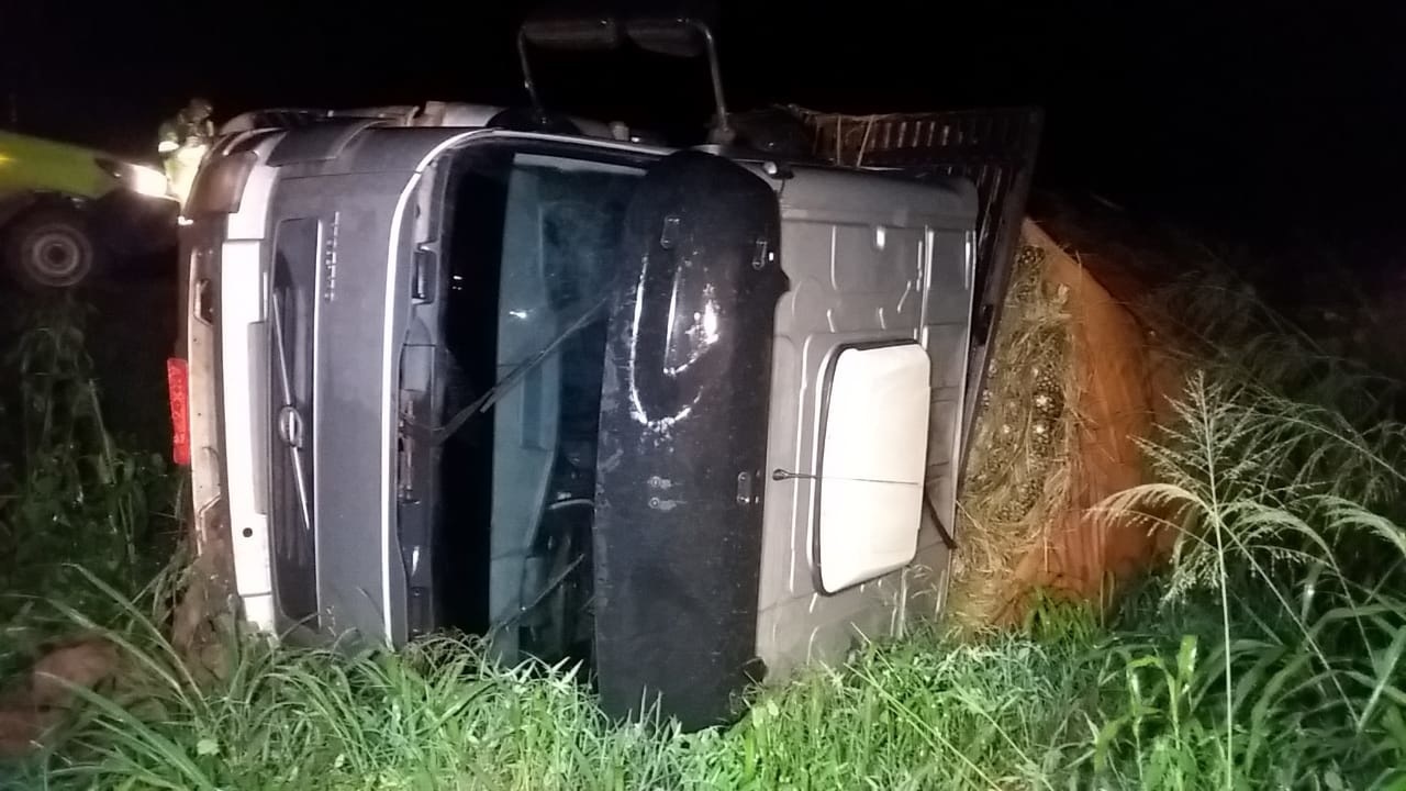 Carreta carregada com abacaxis tomba na BR-163, em Sinop