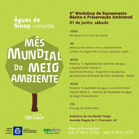Águas de Sinop realizará Workshop de Saneamento Básico e Preservação Ambiental no próximo sábado (01)