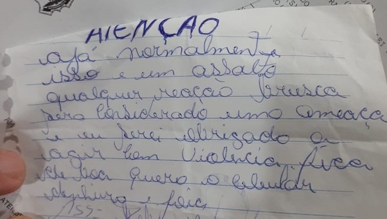Bandido entrega bilhete para anunciar assalto em Sorriso