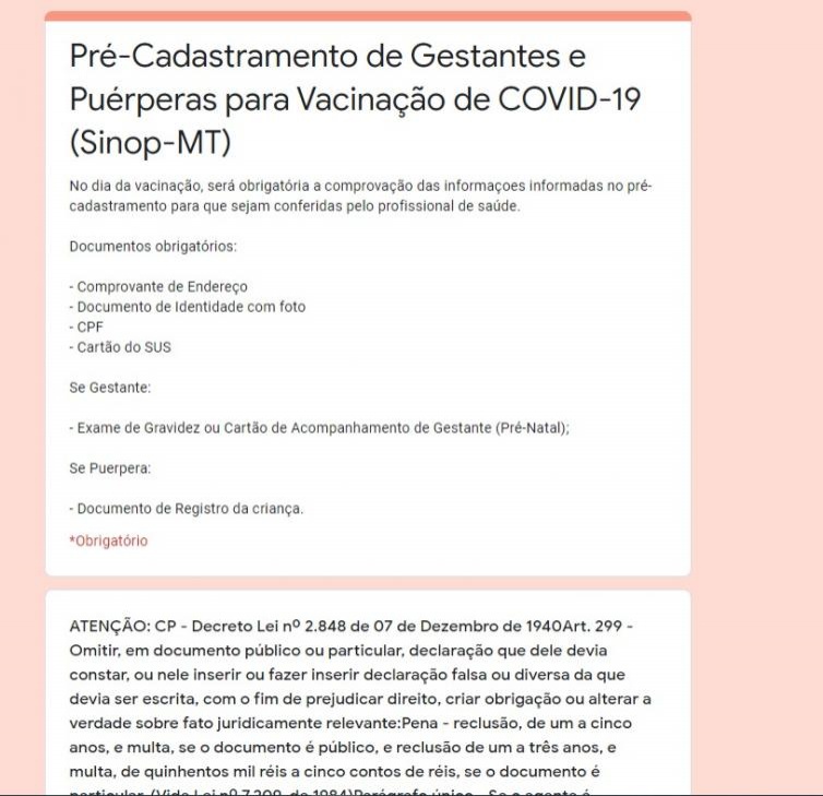 Gestantes e puérperas já podem se cadastrar para receber a vacina contra a Covid-19 em Sinop