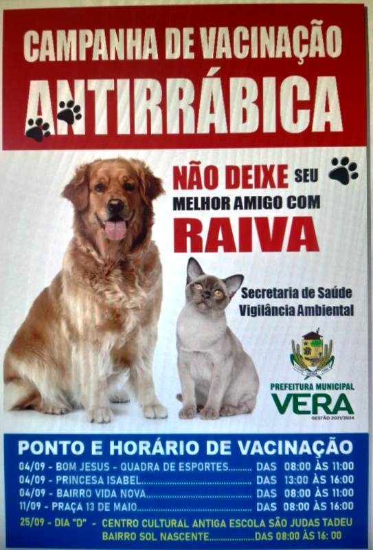 Secretaria de Saúde realiza neste sábado a vacinação antirrábica em alguns bairros de Vera