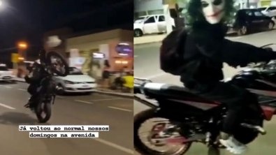 Motociclista fantasiado de 'Coringa' faz manobras perigosas; Vídeo