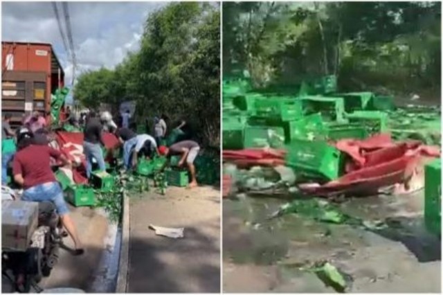 Caminhão derruba caixas de cerveja e é saqueado
