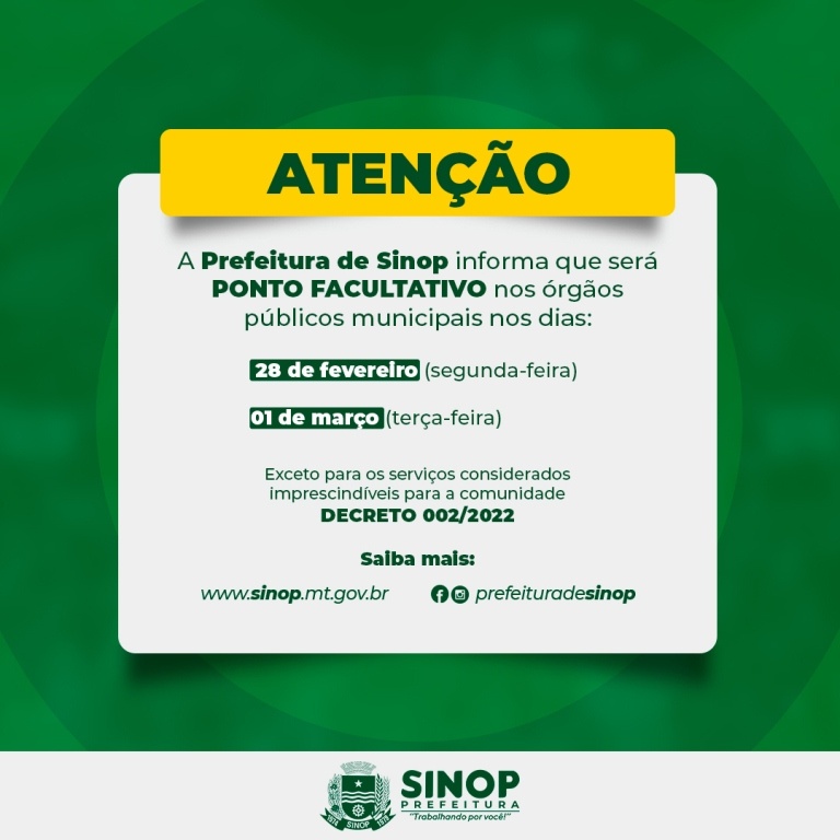 Sinop terá ponto facultativo no carnaval com serviços essenciais mantidos