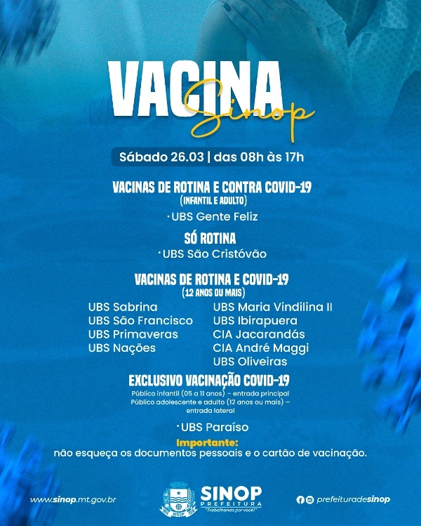 Confira os locais de vacinação neste sábado em Sinop