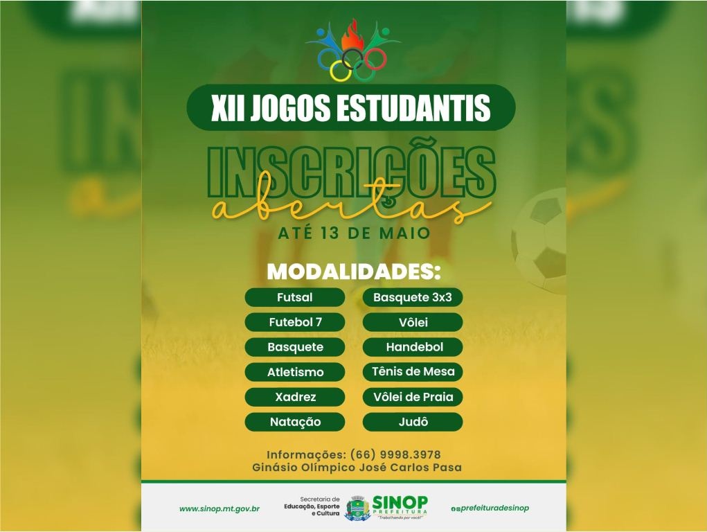 Abertas as inscrições para XII Jogos Estudantis de Sinop