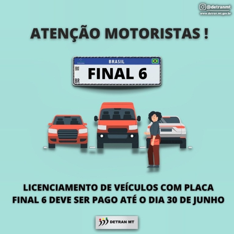 Veículos com placa final 6 têm até dia 30 de Junho para pagar o licenciamento