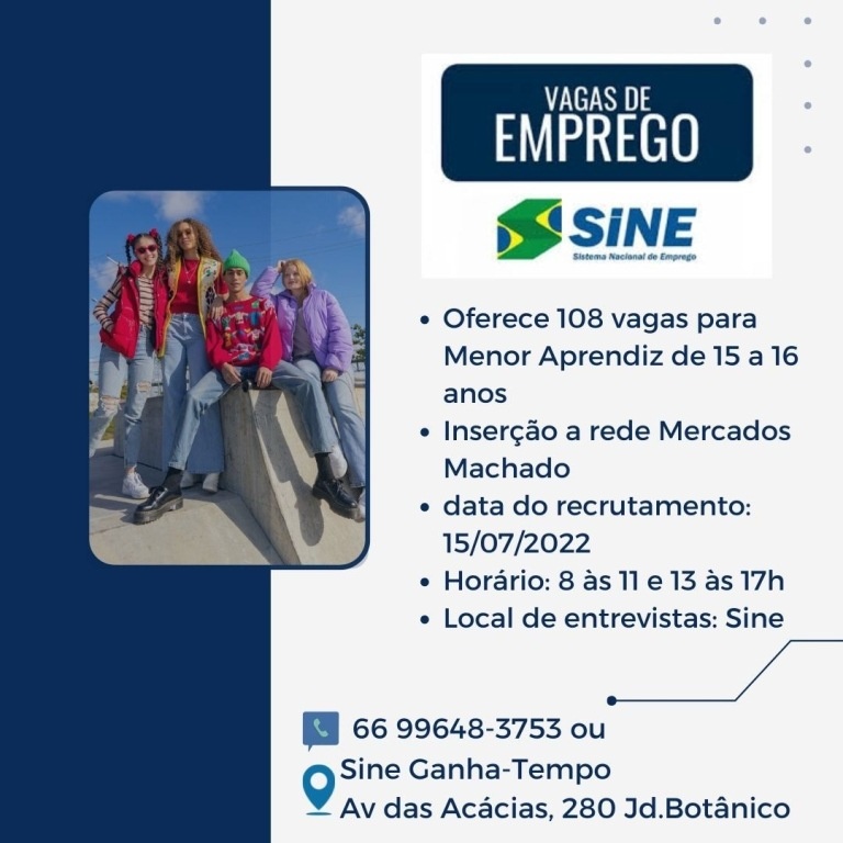 Sine disponibiliza 108 vagas para menor aprendiz em Sinop