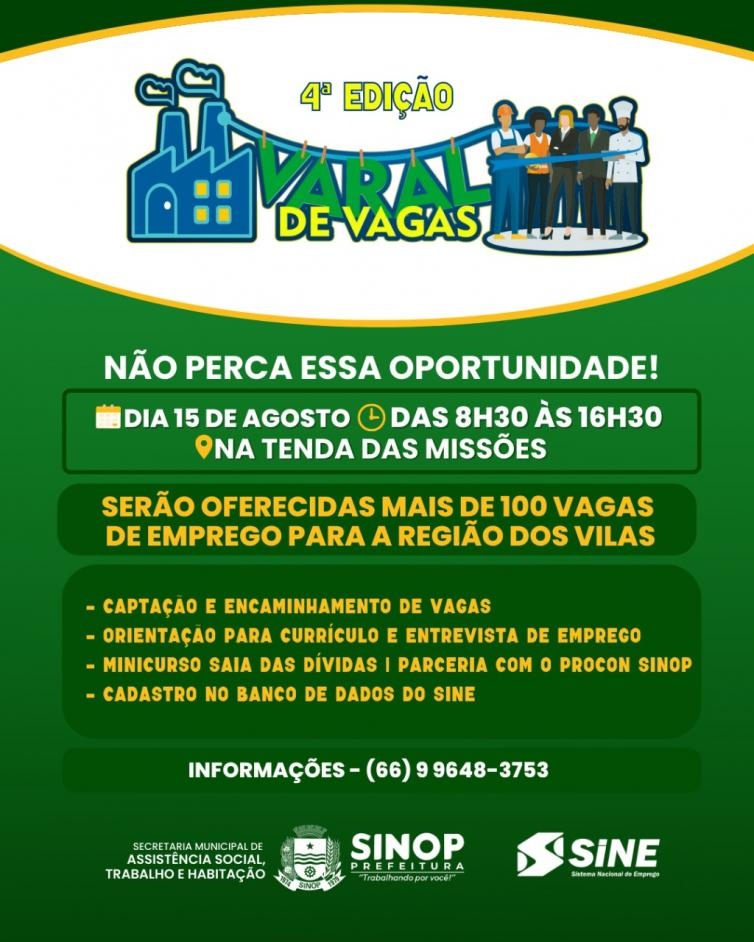 4ª edição do Varal de Vagas será realizada na próxima segunda-feira (15), na região dos Vilas