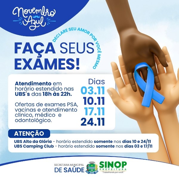 Saúde atenderá com horários estendidos em alusão a campanha do Novembro Azul