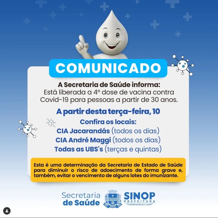Liberada a 4ª dose da vacina contra COVID-19 para pessoas a partir de 30 anos
