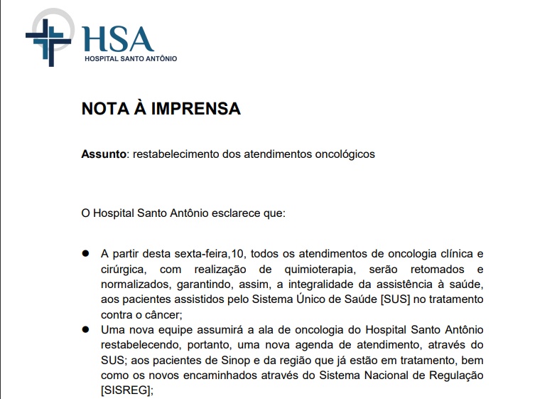 Setor de oncologia do Hospital Santo Antônio voltará ao atendimento normal