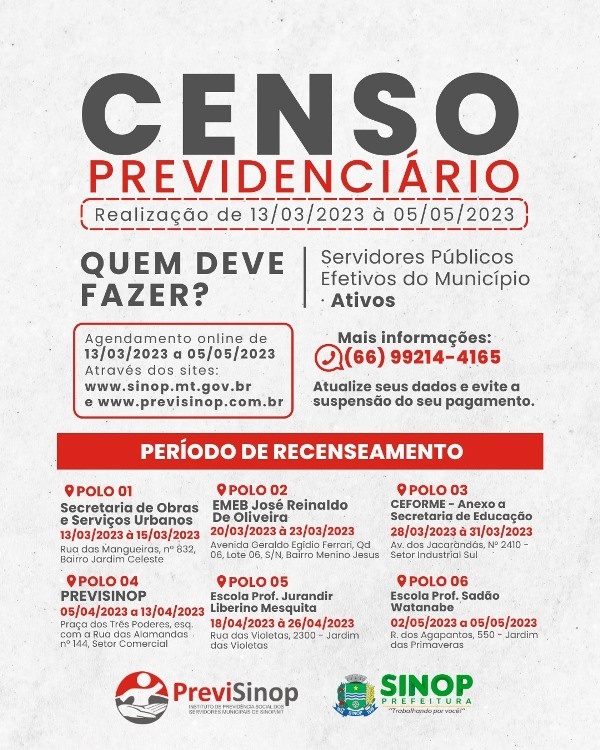 PreviSinop realiza Censo Previdenciário de servidores ativos efetivos; confira locais e horários