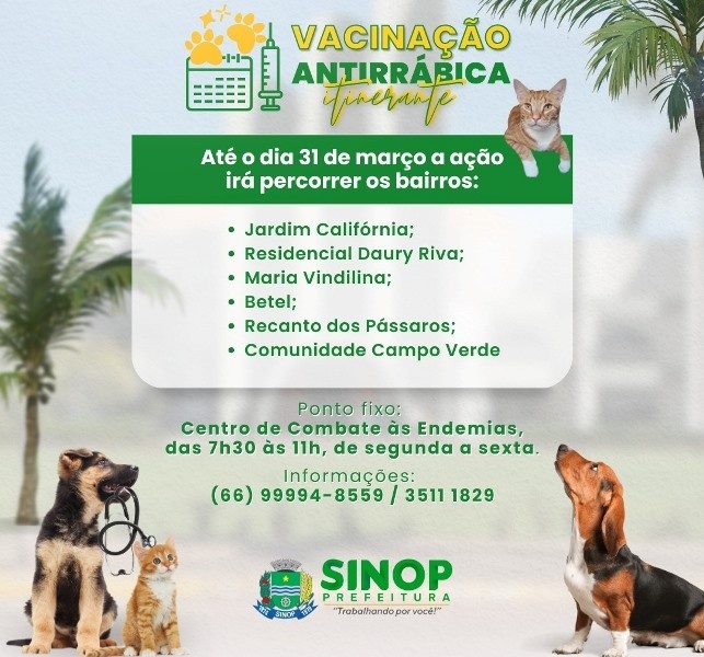 Vacinação antirrábica segue de forma itinerante em Sinop; confira os locais