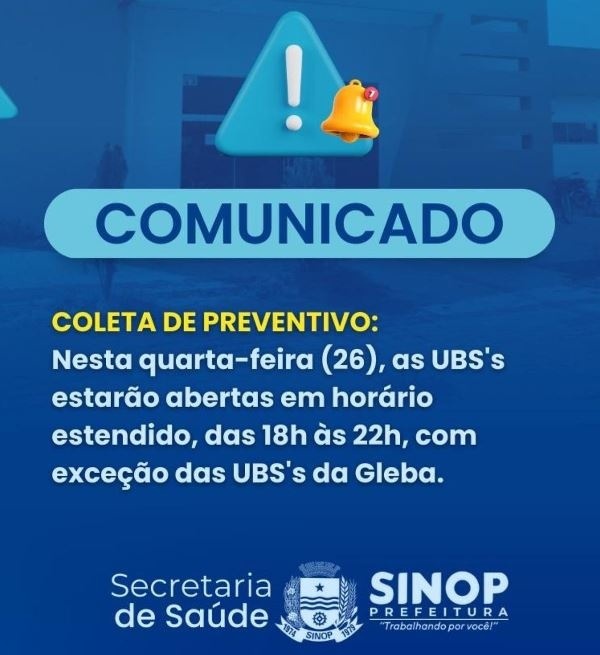 UBS's terão horário estendido para coleta de preventivo nesta quarta-feira (26)