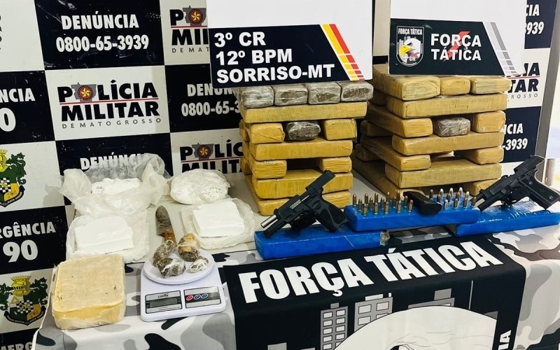 Polícia Militar apreende 40 tabletes de drogas, armas e munições em Sorriso