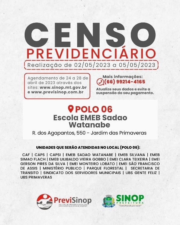 Censo Previdenciário do PreviSinop termina amanhã (5)