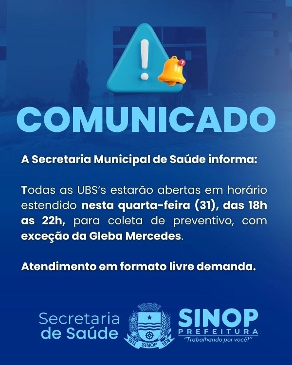 Nesta quarta-feira (31) UBS’s atenderão em horário estendido para coletas de preventivos