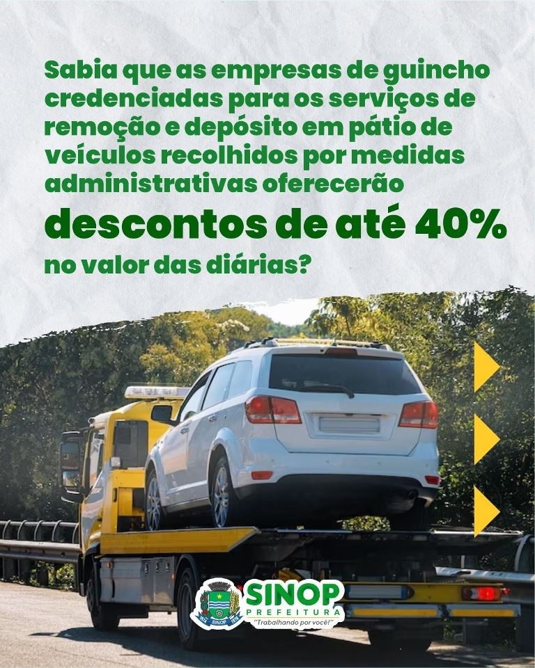 Guinchos credenciados concederão até 40% de desconto em diárias de veículos apreendidos