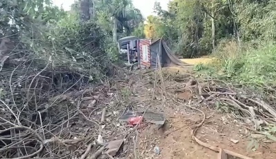 Carreta carregada com milho tomba às margens da BR-163 em Sinop