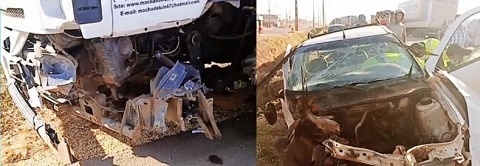 Mulher é socorrida em estado grave após colisão entre pick-up e caminhão