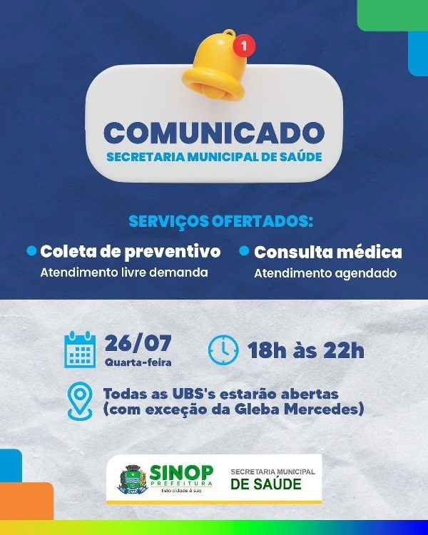 Nesta quarta-feira tem horário estendido de atendimento nas UBS’s