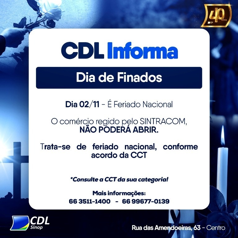 No feriado de Finados comércio regido pelo Sintracom não poderá abrir, informa CDL