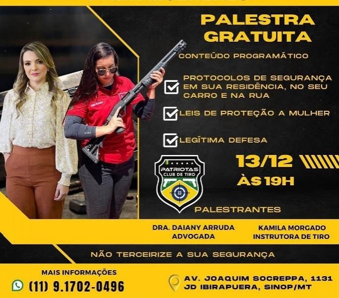 Palestra gratuita de segurança para mulheres será hoje em Sinop