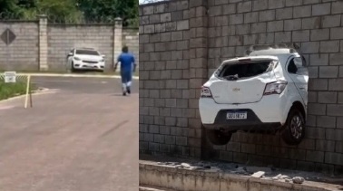 Motorista esquece de puxar freio de mão, carro desce a ladeira e atravessa muro