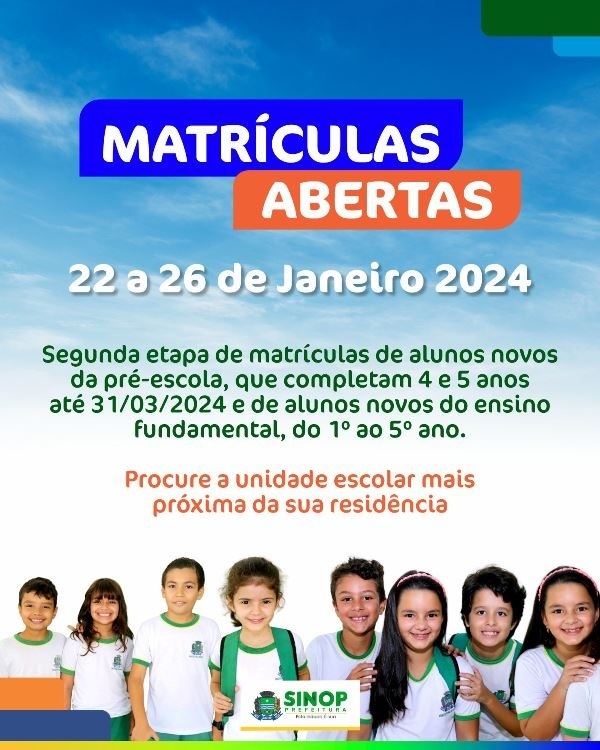 Terminam amanhã (26) matrículas para alunos novos da pré-escola e fundamental na rede municipal