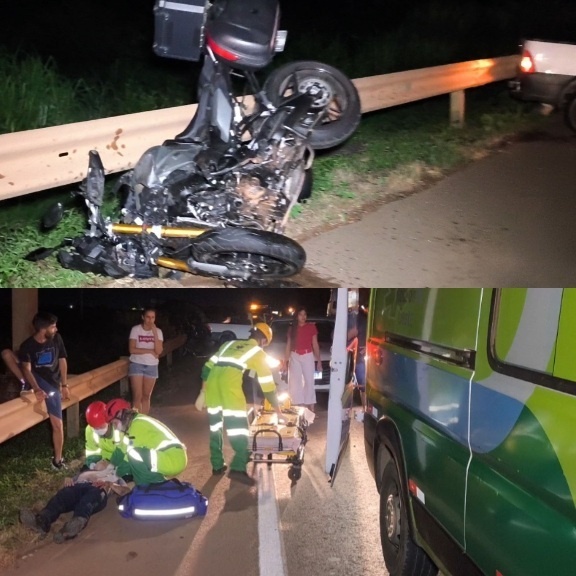 Jovem fica ferido em colisão entre motos e pick-up na BR-163