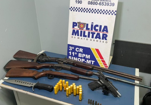 Suspeito de ameaça é preso pela PM com três espingardas e uma pistola em Sinop