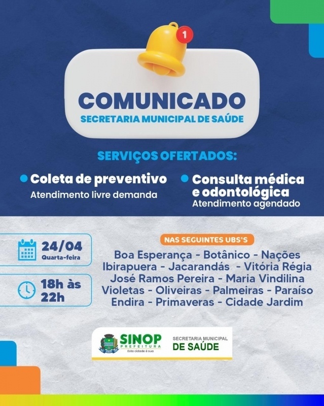 Nesta quarta-feira (24) terá horário estendido de atendimento nas UBSs
