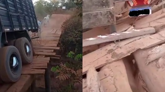 Ponte de madeira desaba e caminhão boiadeiro fica preso no interior de MT