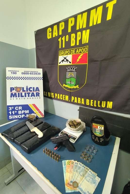 Membros de facção são presos com quatro tabletes de maconha, arma e munições em Sinop